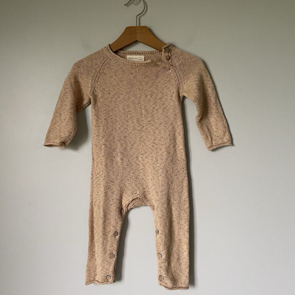 Quincy Mae Knit Romper Outfit Cotton Linen Blend Brown Baby Size 12-18m